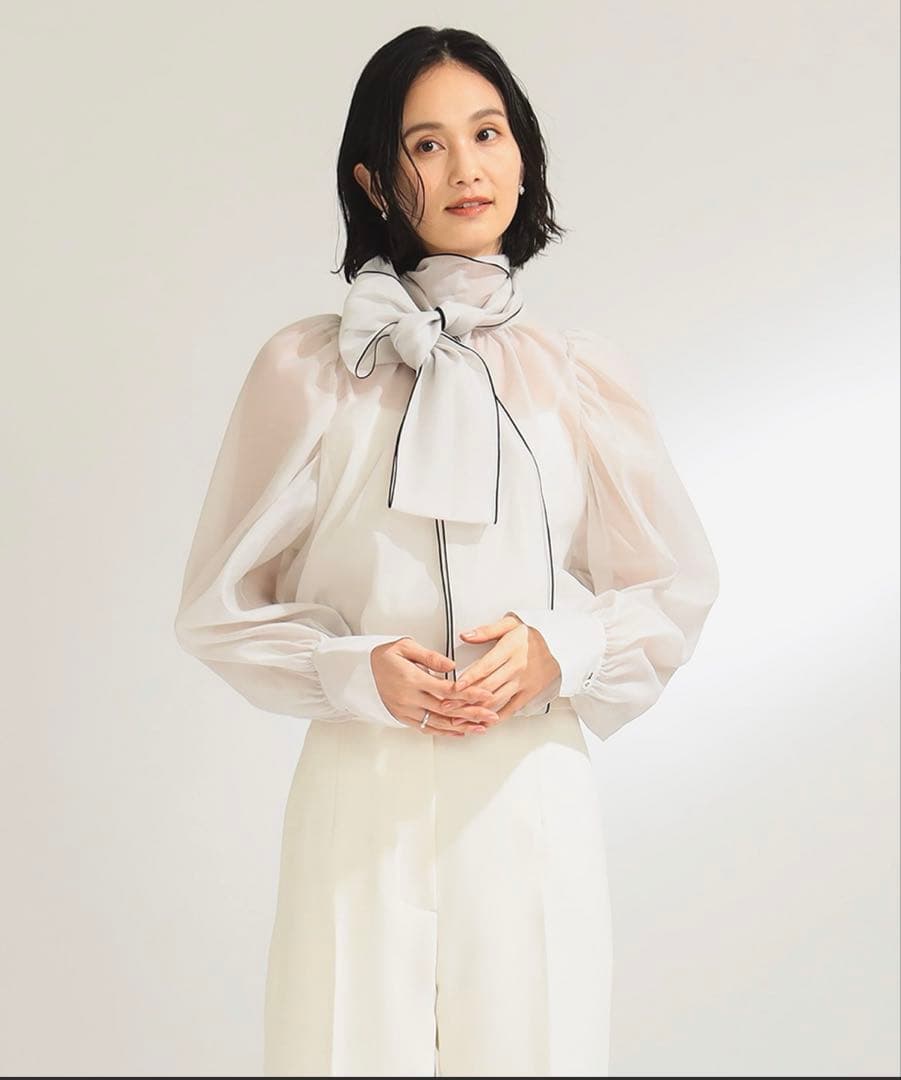 サムライク！【美品】ビームス　オーガンジー リボンブラウス　セレモニー Demi-Luxe BEAMS 【ビームスの百名品】オーガンジー リボンブラウス
