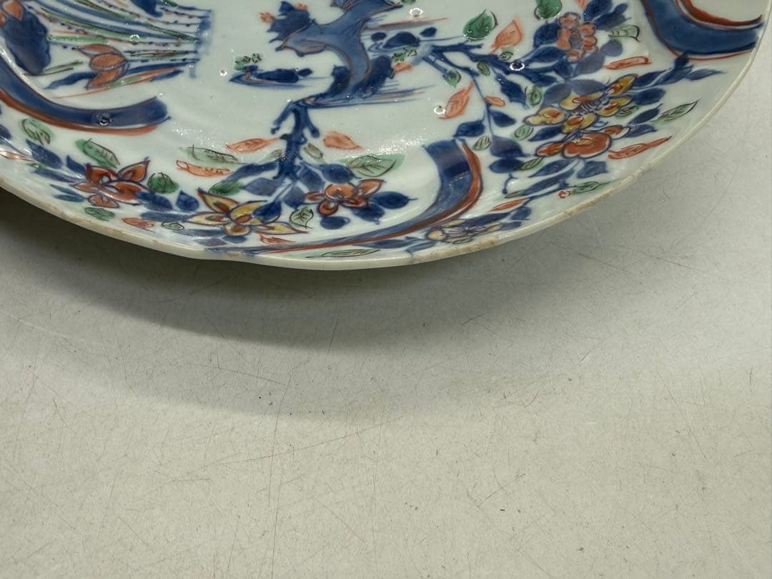 中国 明時代 南京赤絵草花捻文皿 青華五彩 共箱 アンティーク 送料込み