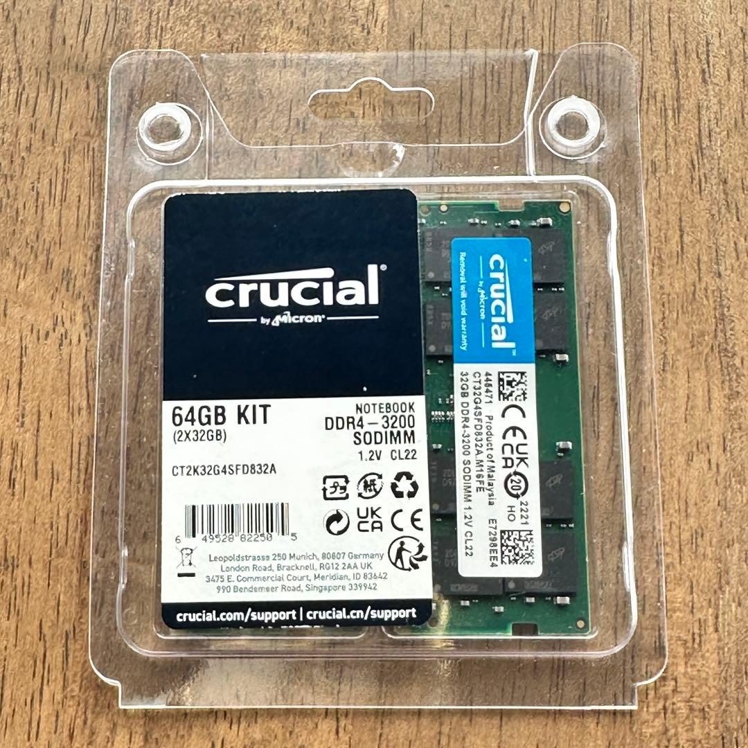 Crucial 64GB(32x2) DDR4-3200 SODIMM メモリー Crucial 64GB 2 x 32GB DDR4-3200 PC4-25600 CL22 SO-DIMM Memory Kit