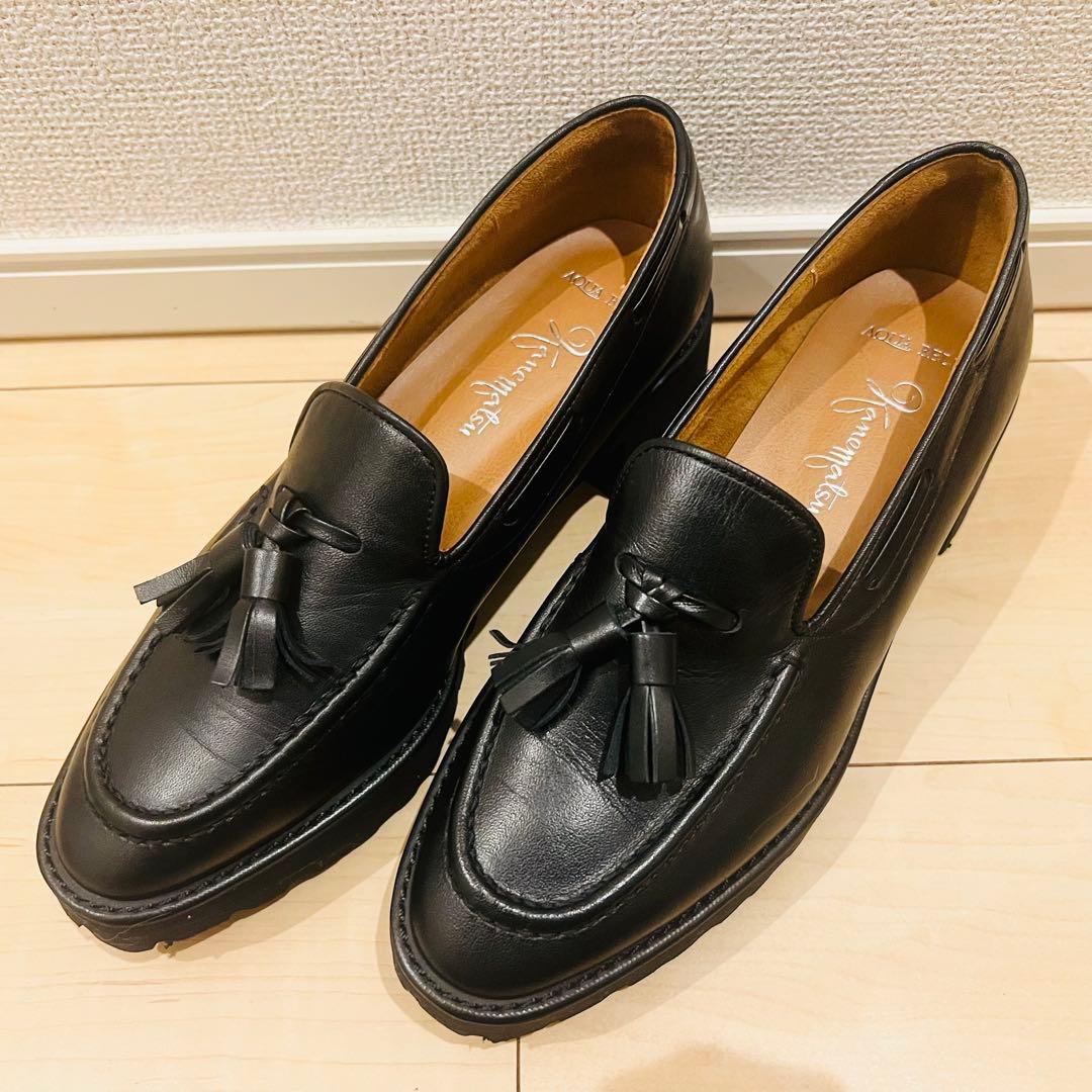 数回使用程度】銀座かねまつ タッセルローファー 厚底 レザー ブラック