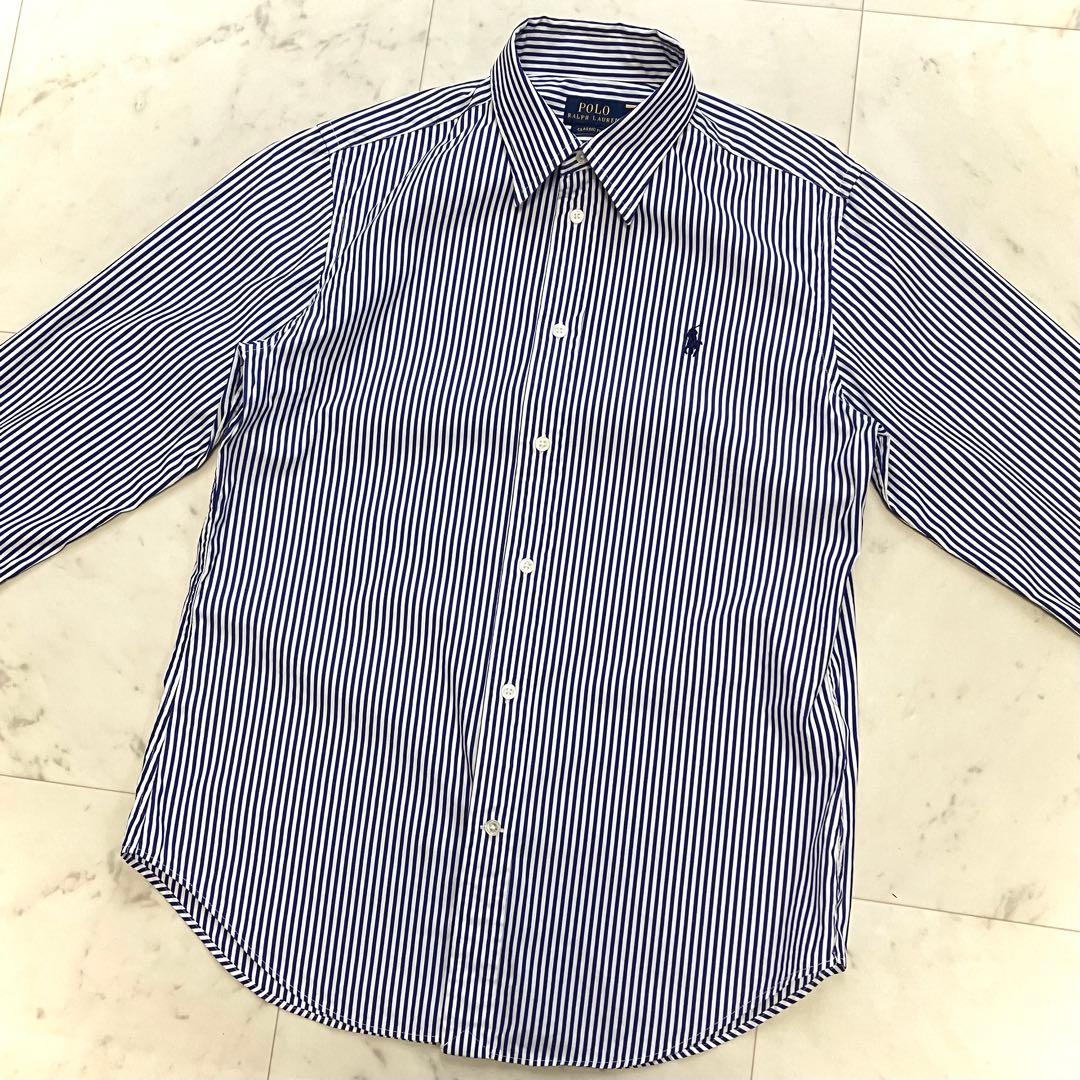 極美品 ポロラルフローレン ストライプシャツ ホース刺繍 QR ブルー
