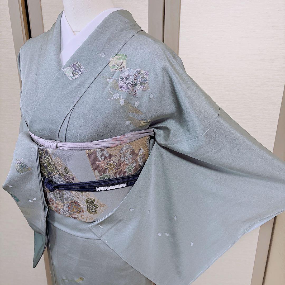 極美品 正絹 訪問着 フルセット 裄68 卒業式 入学式 結婚式 袋帯 青 緑