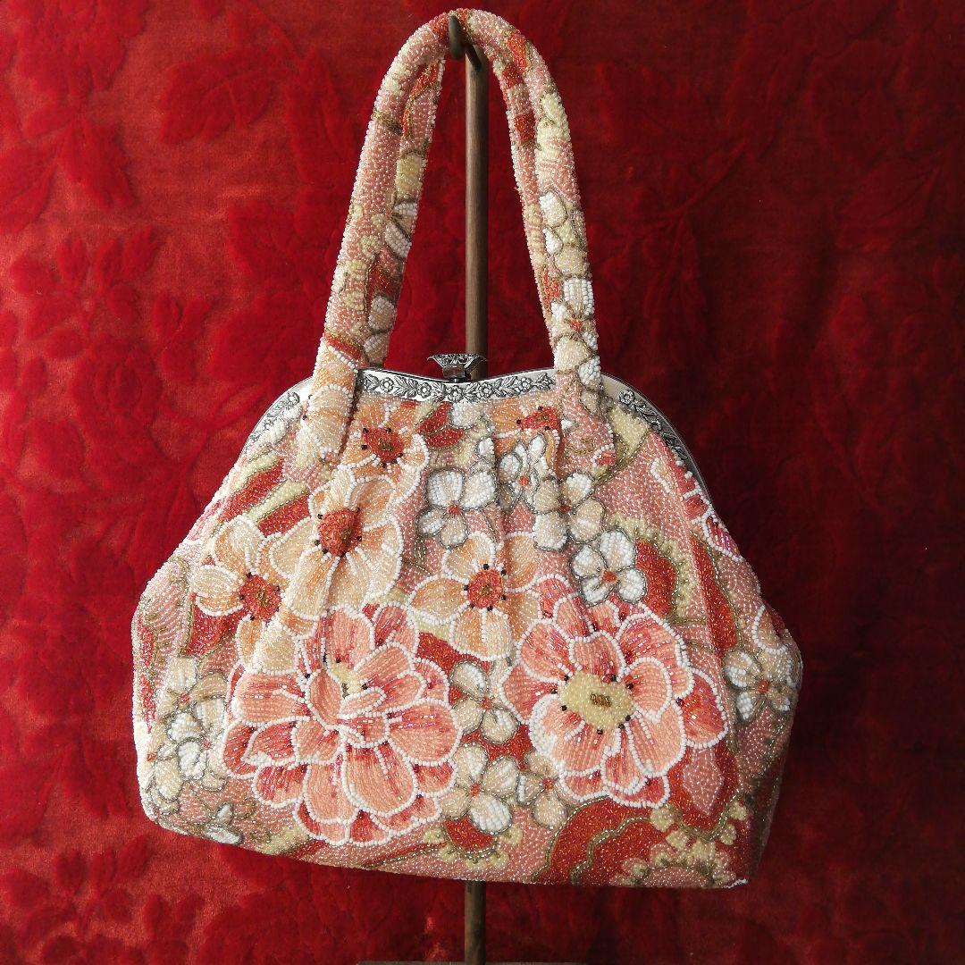 はしもと 花柄 豪華総ビーズ刺繍 ハンドバッグ 希少！はしもと ビーズバッグ 🔴 昭和レトロ 豪華🔷 ビーズ