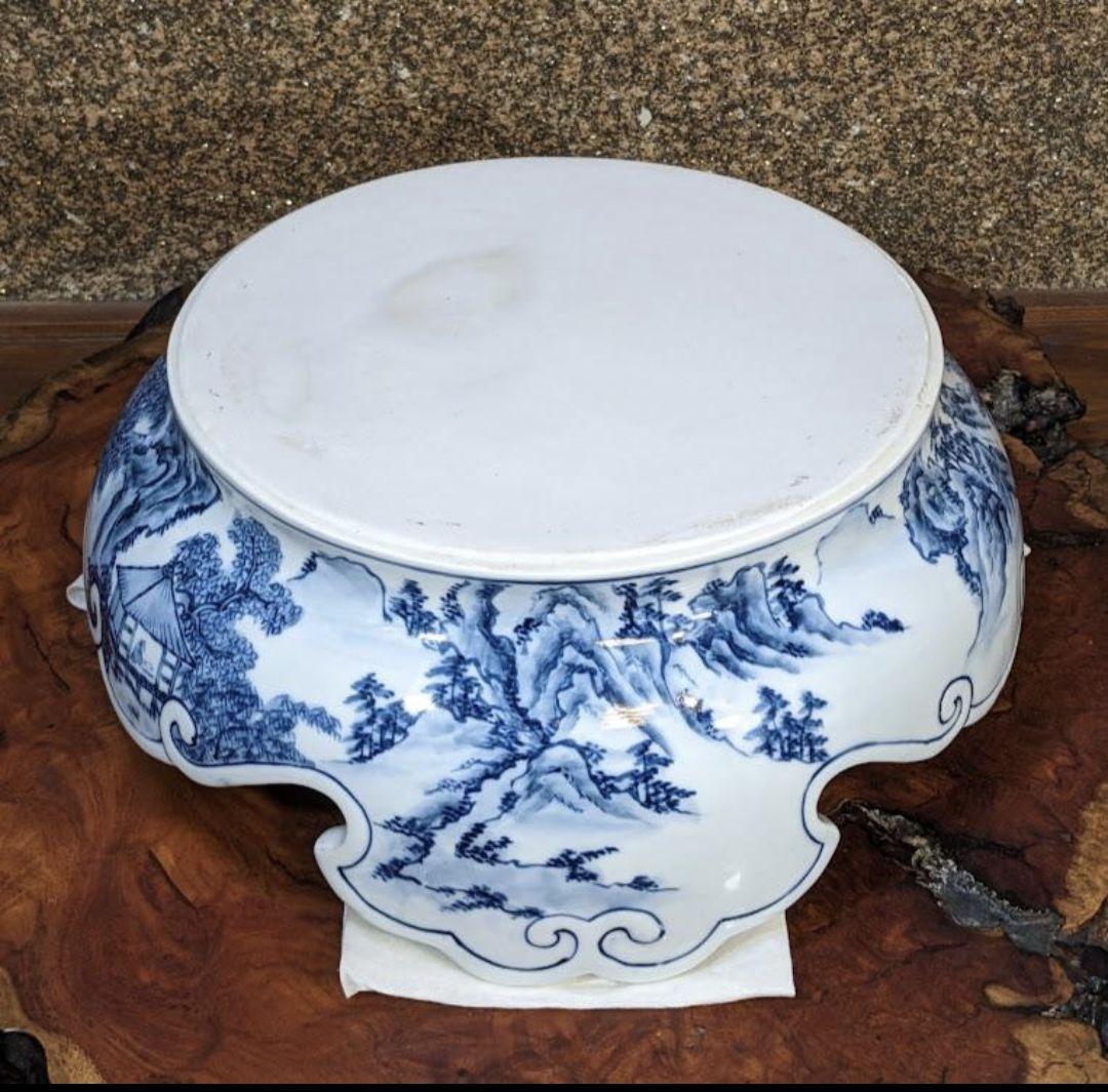 未使用 有田焼 沈香壺 染付 神右衛門作 総手描 特大八角壺 山水絵 三