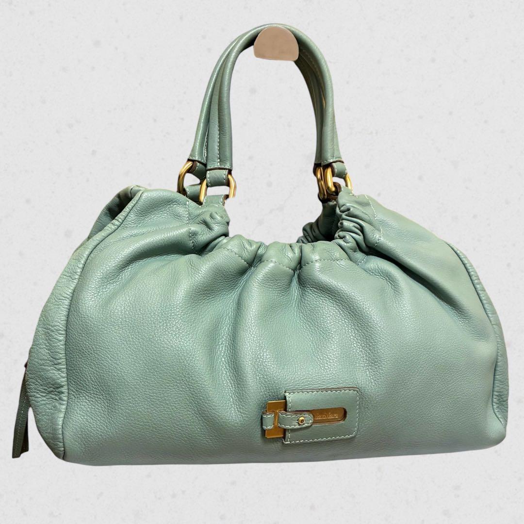 美品 マックスマーラ ハンドバッグ 巾着 ロゴプレート ゴールド金具 本