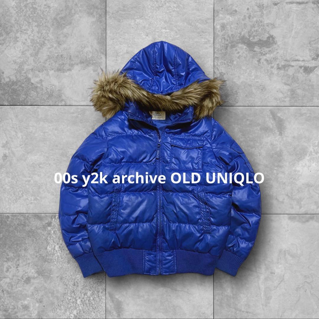 00s OLD UNIQLO ファー ダウンジャケット 青 短丈 y2k 平成 - メルカリ