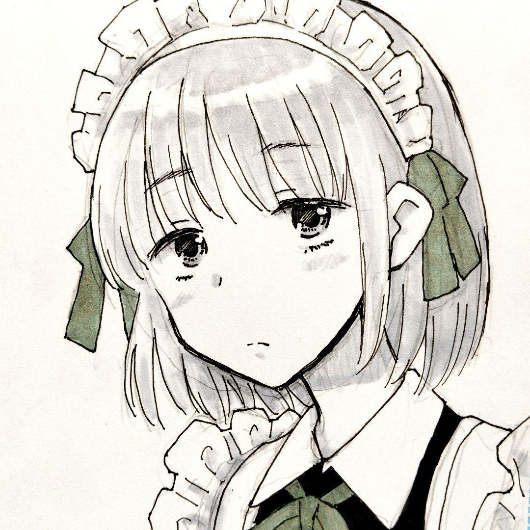 オリジナル手書きイラスト 原画 メイド 女の子 はがきサイズ - メルカリ