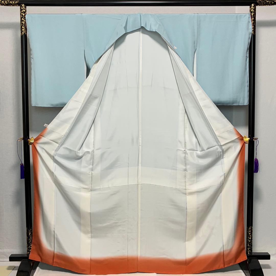 D227訪問着 手描き友禅 水色 花模様 正絹着物 袷 しつけ糸付き未使用極