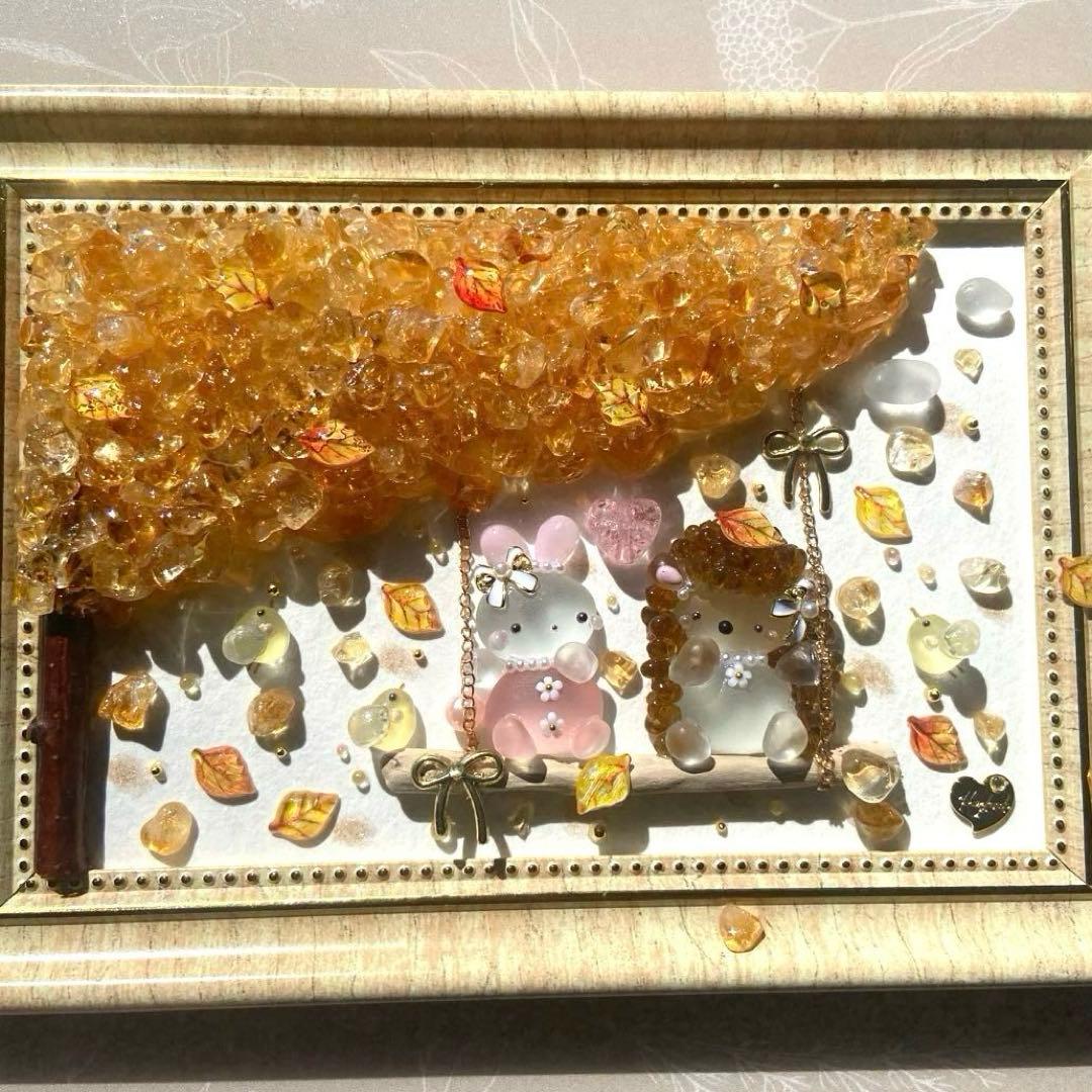 綺麗な紅葉とぶらんこ時間ガラス シーグラスアート りす＆うさぎ 大人