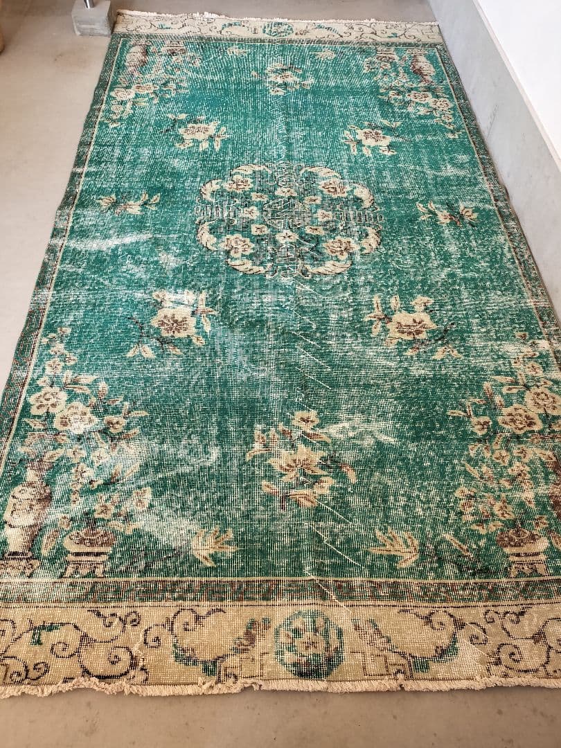 超大判/エメラルドグリーンのシノワズリラグ トリコヴィンテージラグ No586