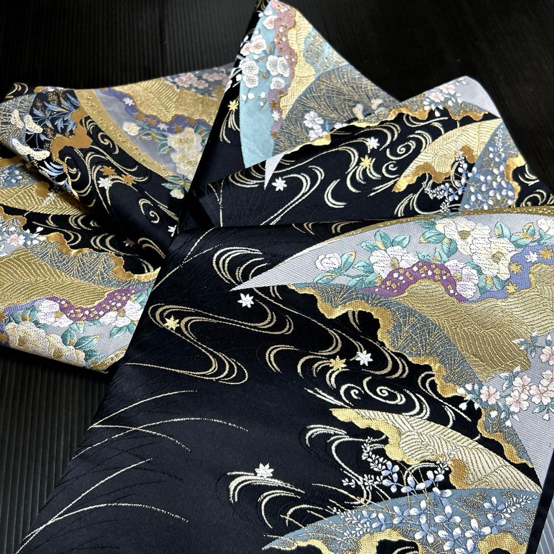 正絹　袋帯《水面　花々》