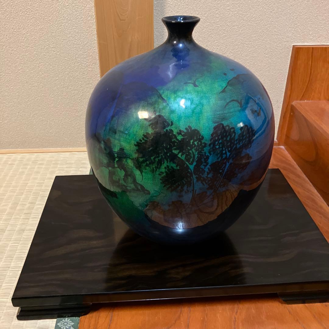 青緑色の風景陶器花瓶　　作家物　清水焼 青緑色の風景陶器花瓶 作家物 清水焼 青緑色の風景陶器花瓶 作家物