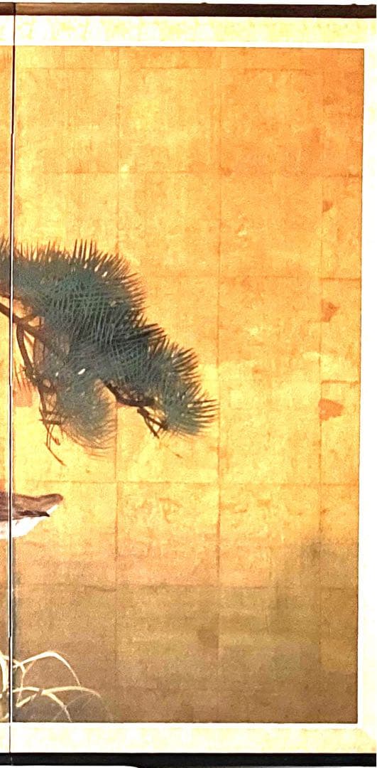 四つ折り屏風 日本画 金箔彩色 松に鴨