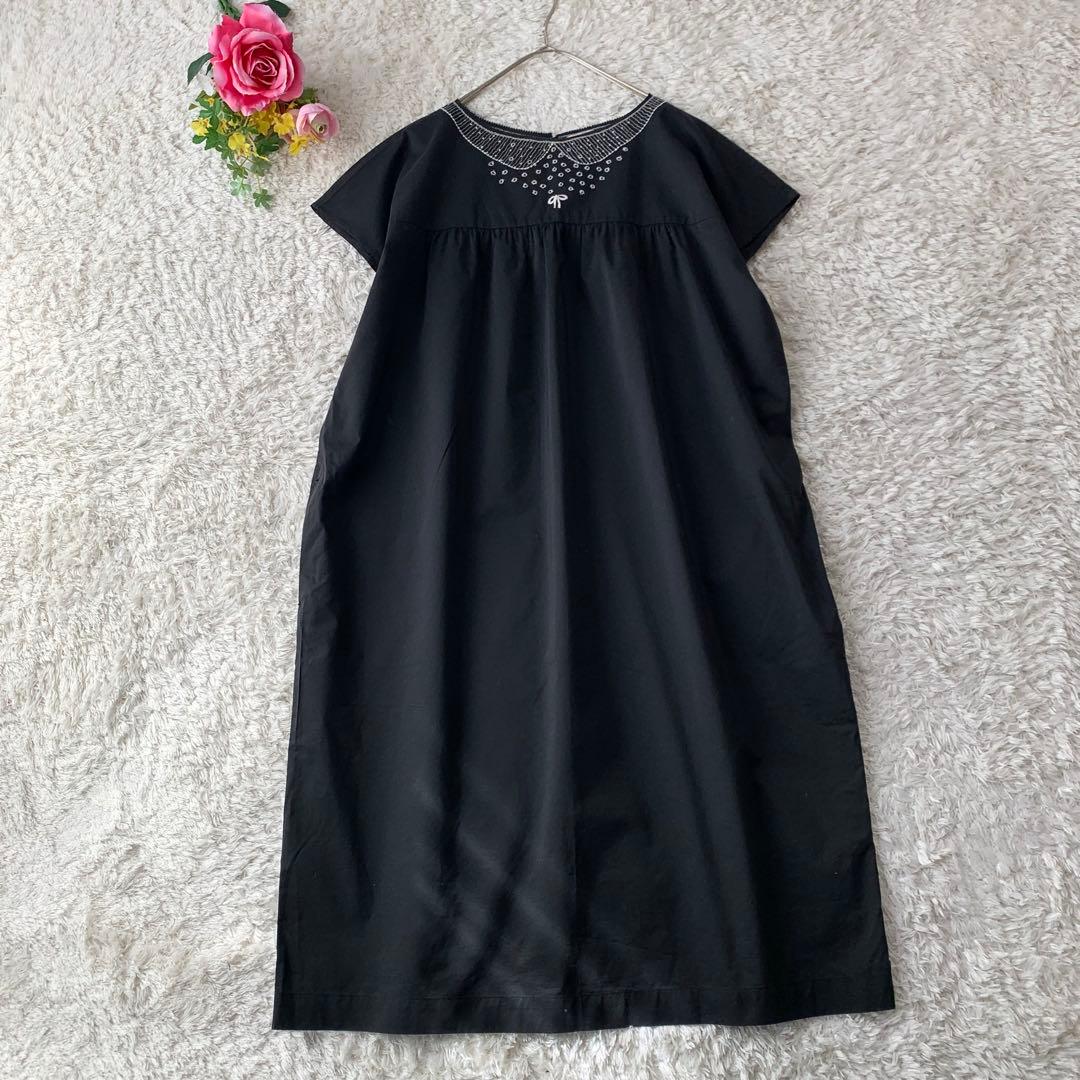 ミナペルホネン ワンピース dress 0 刺繍 シルク コットン ギャザー 黒