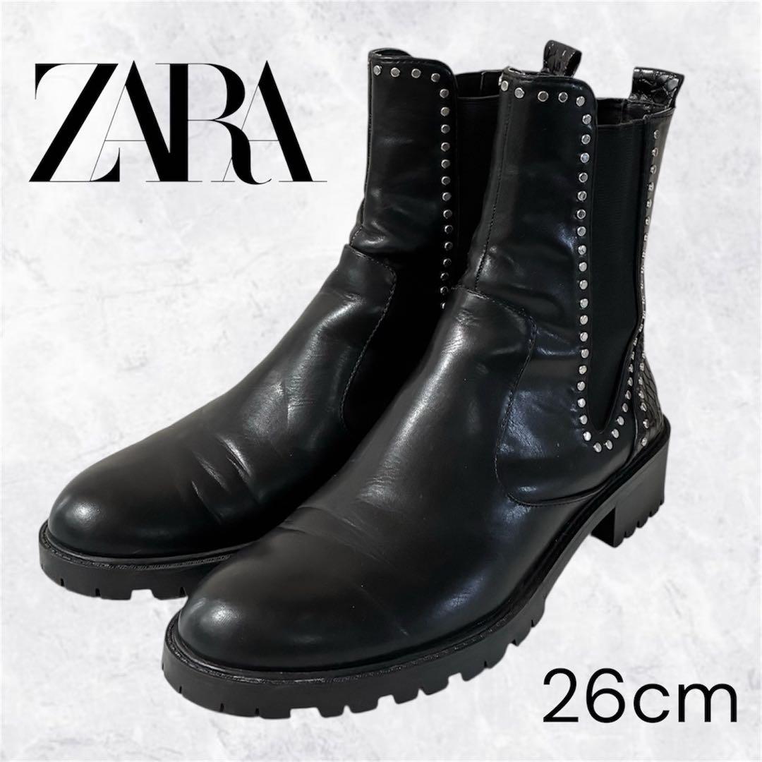 ZARA サイドゴアブーツ 黒 レザー スタッズ付 26.0cm - メルカリ
