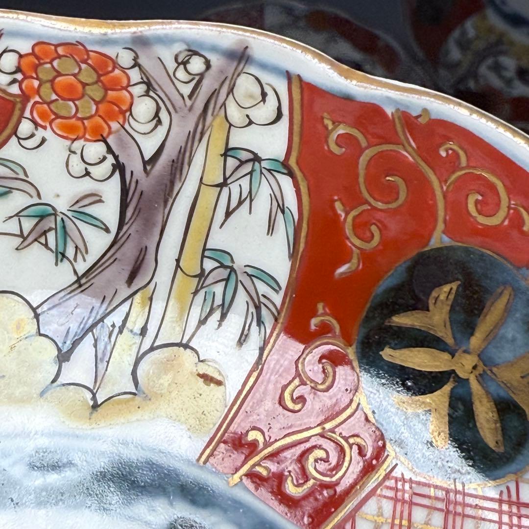 江戸中期〜後期 古伊万里 色絵柘榴文菊花形 なます皿 5枚 裏七宝結文