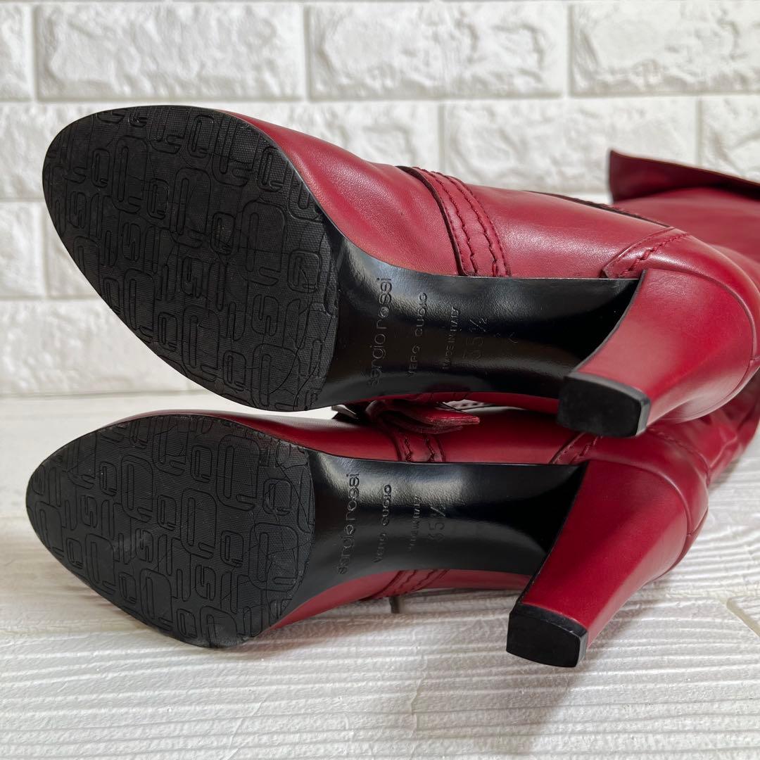 極美品】Sergio rossiレッド 本革ロング ブーツ 22.5ベルト装飾 - メルカリ