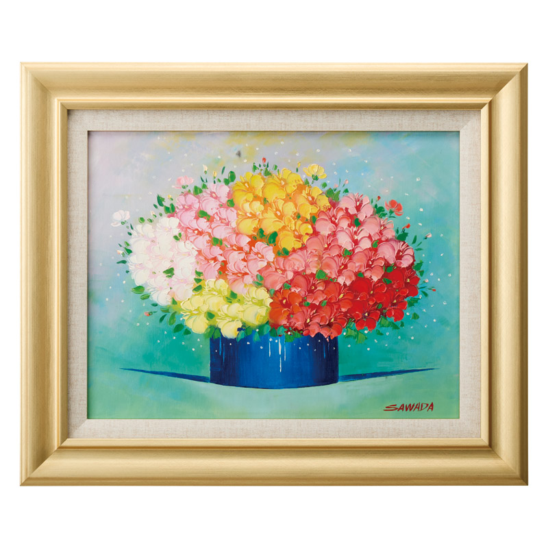 油絵 菅家令子絵 絵画インテリア額付(青緑＋金色の枠)uF6-063304レモン