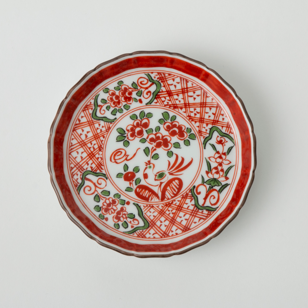 与山窯 桔梗渕4.5寸皿 呉須赤絵地文に鳥 -ハレの日の席を彩り豊かに